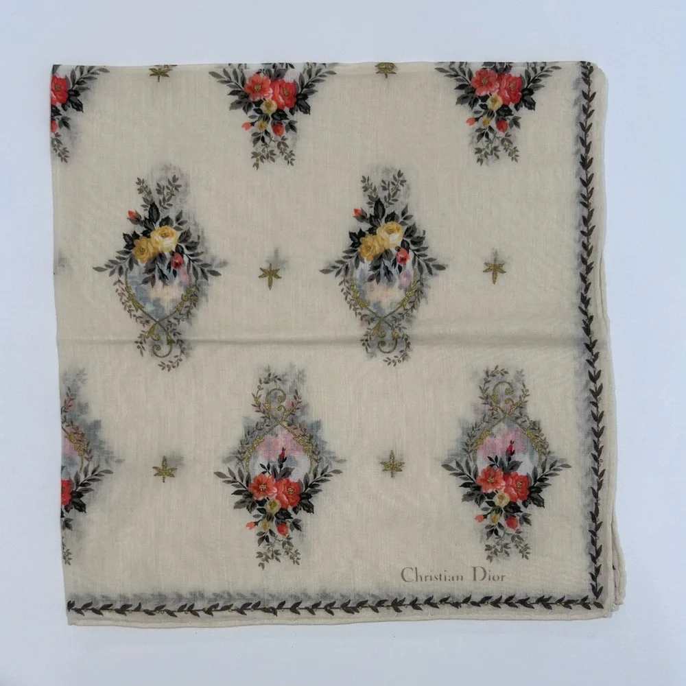 Women Handkerchief Christian Dior Floral Beige Tan Mini Head Scarf Cotton 18”